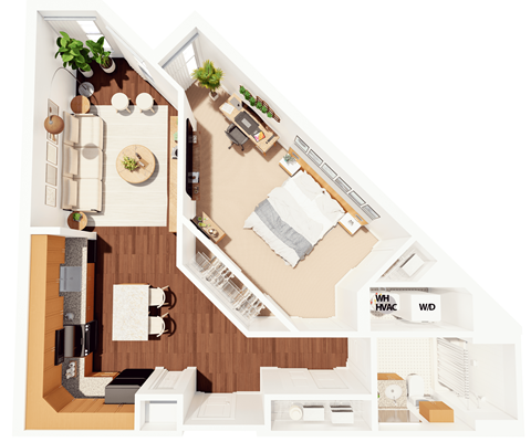 Floor plan for 1 bed, 1 bath, 722 sqft